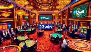 A thrilling scene at a high-end casino featuring 23win branding, poker tables, and slot machines.