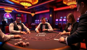 Players enjoying a thrilling game at the BJ38 blackjack table, surrounded by vibrant casino atmosphere.