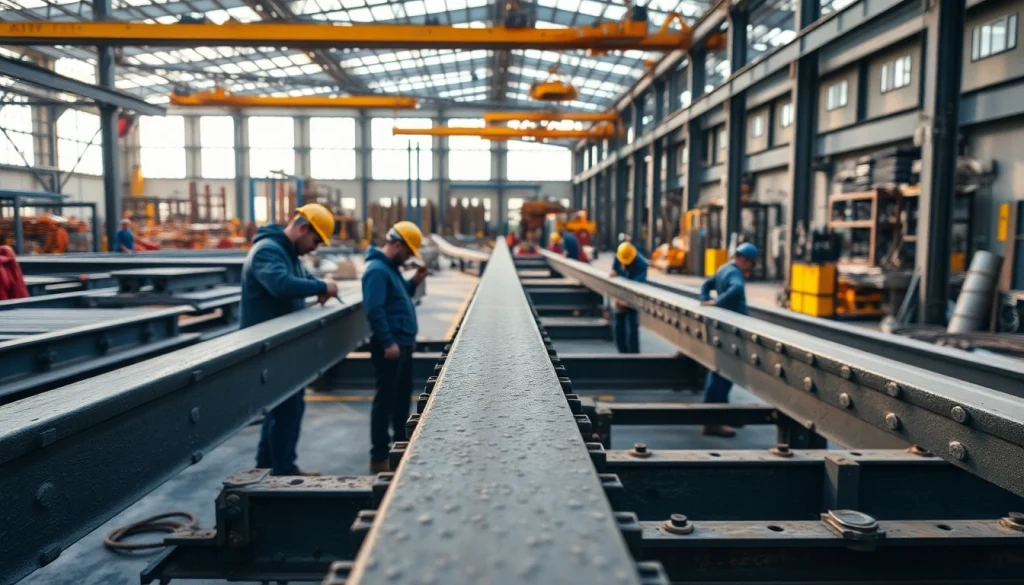 Workers engaged in structural steel fabrication in a bustling workshop with metallic textures.