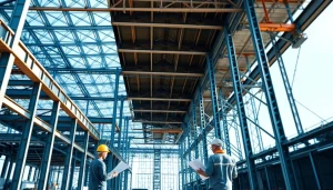 Steel structure design showcased in an industrial setting with visible beams and workers reviewing plans.