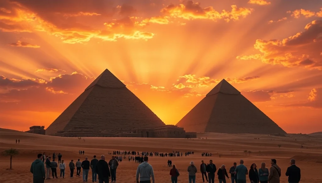 Visitors marveling at the majestic pyraminds during a vivid sunset in Egypt.