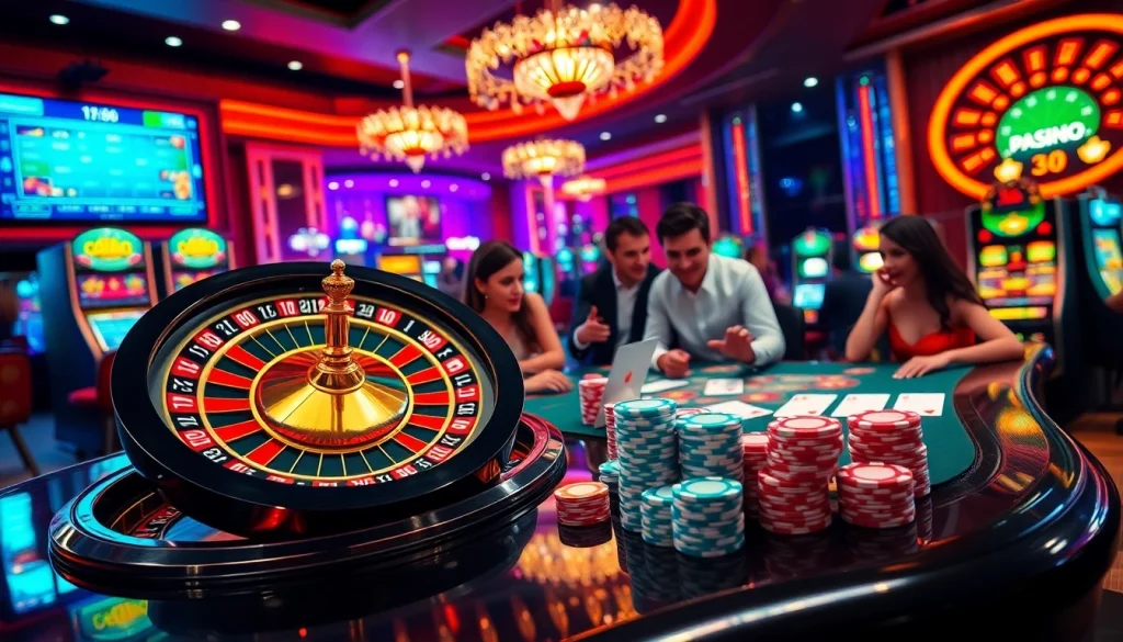 Action-packed scene of Tool xổ số siêu tốc gambling, vibrant roulette wheel, and enthusiastic players.