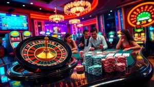 Action-packed scene of Tool xổ số siêu tốc gambling, vibrant roulette wheel, and enthusiastic players.