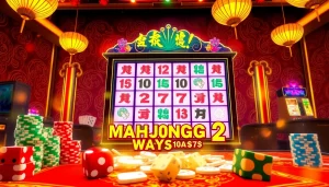 Pemain yang bermain slot Mahjong Ways 2, dikelilingi elemen kasino yang penuh warna.