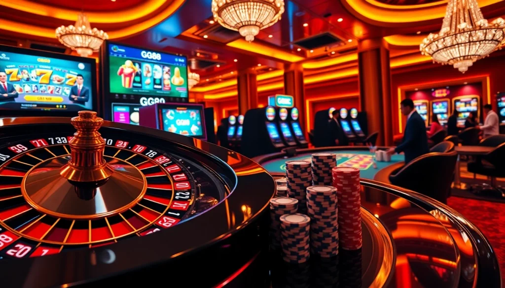 Experience GG88 gaming excitement with vibrant slots and roulette in a luxurious casino setting.