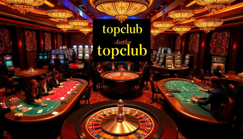 Exciting gameplay at topclub featuring vibrant casino tables, players, and luxurious ambiance.