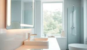 Modern mirror and led lights illuminating a stylish bathroom design.
