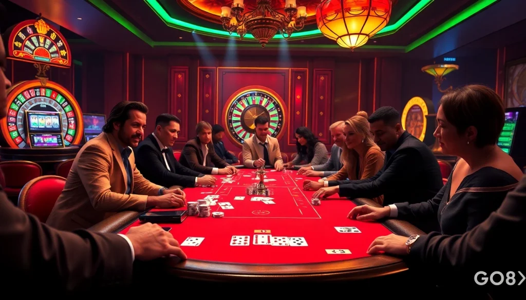 Players engaging intensely in a poker game at a luxurious casino, highlighting the GO8 experience.