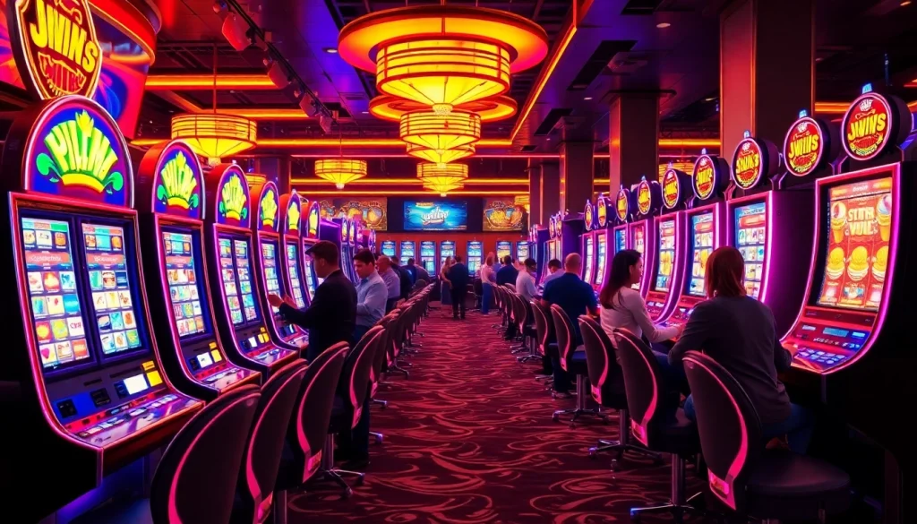 Permainan slot depo 1k di mesin slot digital modern, menampilkan suasana kasino yang energik.