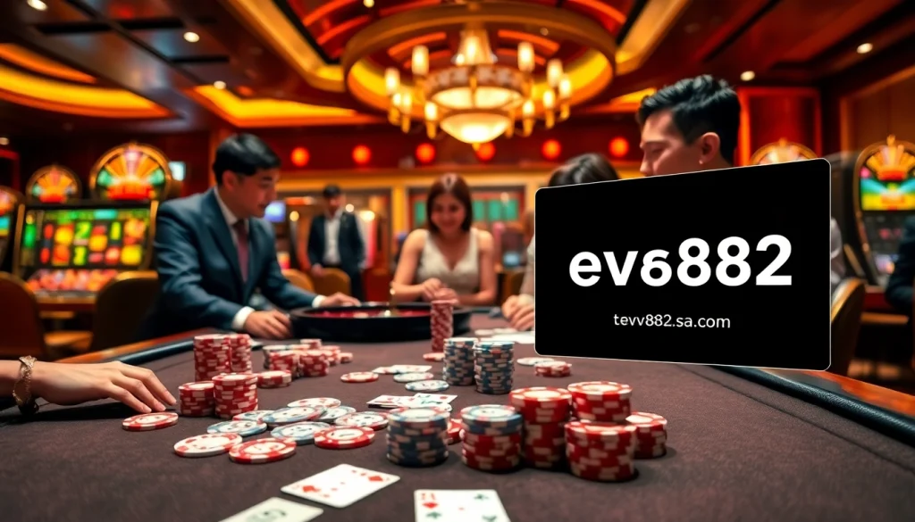 Engage in exciting gaming with the luxurious atmosphere from https://ev882.sa.com/, featuring poker chips and bright casino lights.