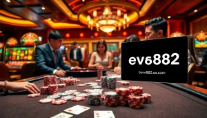Engage in exciting gaming with the luxurious atmosphere from https://ev882.sa.com/, featuring poker chips and bright casino lights.