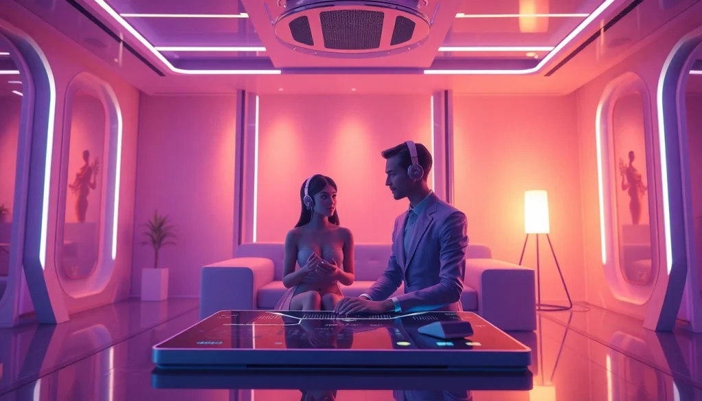 Immersive NSFW AI interaction with modern avatars in a sleek digital room.
