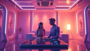 Immersive NSFW AI interaction with modern avatars in a sleek digital room.