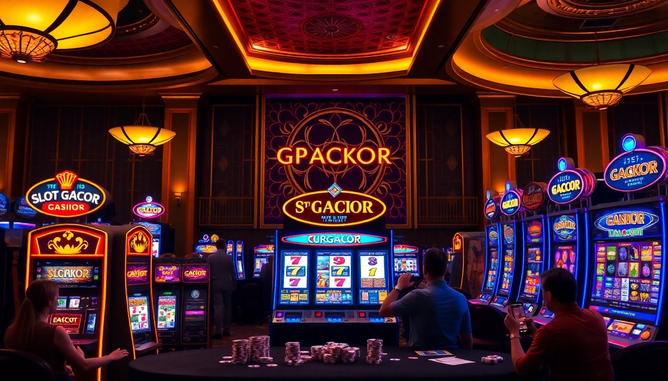 Exciting scene of SLOT GACOR machines showcasing vibrant graphics and players celebrating wins.
