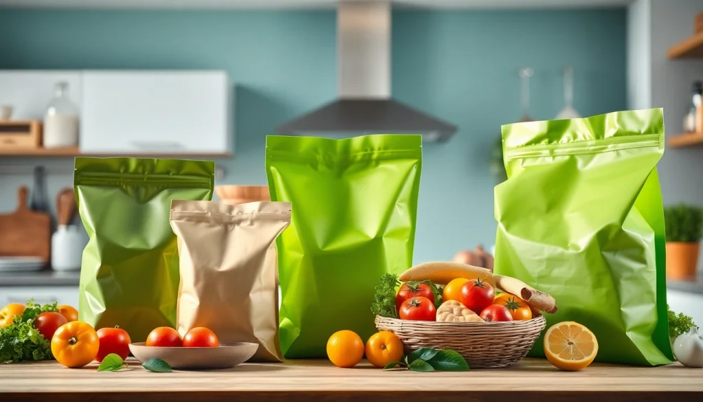 Showcase of food packaging bags in a modern kitchen emphasizing freshness and sustainability.