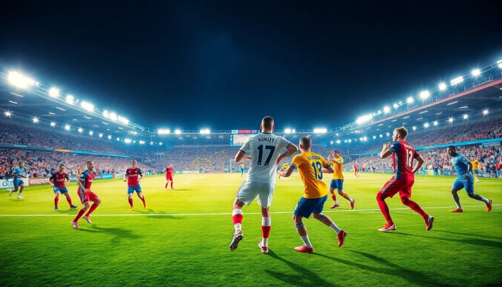 Engaging scene of football match featuring ฟุตบอลคืนนี้ players showing intense action.