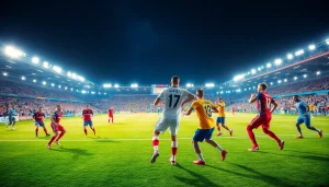 Engaging scene of football match featuring ฟุตบอลคืนนี้ players showing intense action.