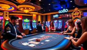 Players enjoying an exciting game at the GO88 casino, showcasing vibrant slot machines and poker actions.