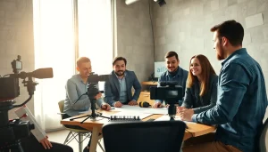 Capture of corporate video production Phoenix team collaborating creatively in a vibrant studio.