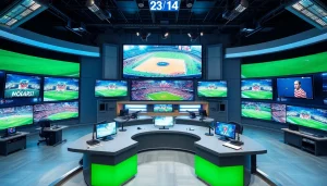 Captivating sports broadcasting studio scene showcasing live sports events and dynamic visuals.
