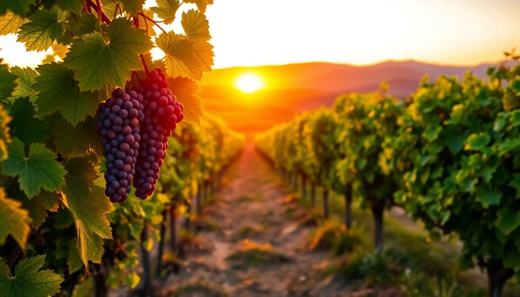 Carksburg CA's scenic vineyard emerges in vibrant colors during sunset, inviting exploration.