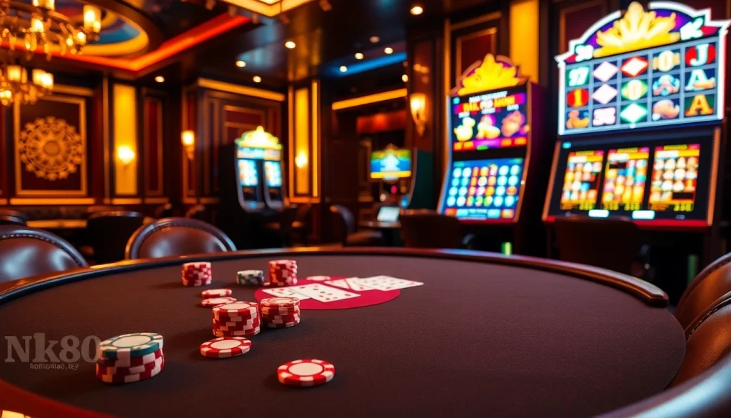 Engage with NK88's thrilling poker game featuring vibrant chips and elegant cards in a luxurious casino setting.