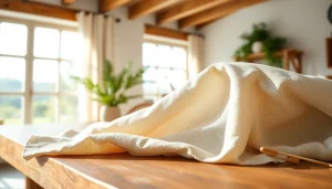 Hoogwaardige linnen stoffen liggen elegant op een houten tafel, met zachte aardetinten erbij.