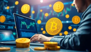 Acheter bitcoin en ligne en utilisant un ordinateur portable entouré de symboles de cryptomonnaie.