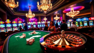 Experience the excitement of Bet88 in a vibrant casino scene with poker tables and slot machines.