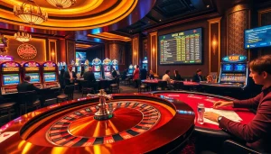 The hidden wiki 2026 showcases an exciting casino scene with players at roulette, slots, and poker tables.