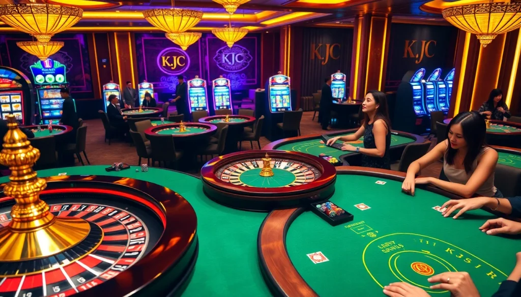 KJC Casino scene showcasing vibrant roulette wheels, poker chips, and enthusiastic players.