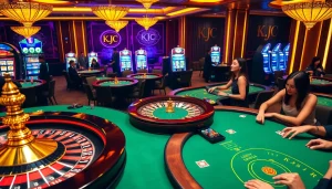 KJC Casino scene showcasing vibrant roulette wheels, poker chips, and enthusiastic players.