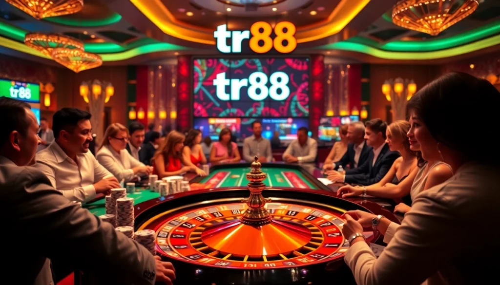 Experience the excitement of tr88 at a bustling casino table with vibrant lights and competitive players.