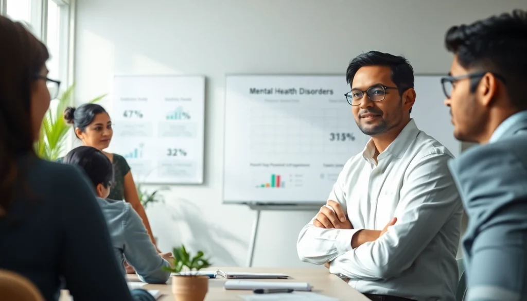 Facilitators presenting information about psychiatric disorders in India, emphasizing mental health awareness.