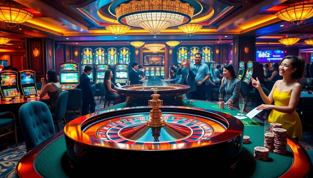 Exciting casino scene at 88i featuring roulette, vibrant slot machines, and engaging gambling ambience.