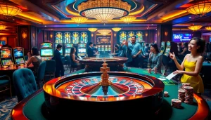 Exciting casino scene at 88i featuring roulette, vibrant slot machines, and engaging gambling ambience.