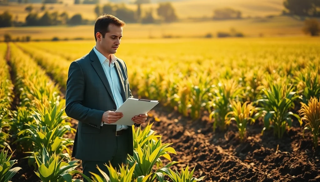 Expert agricultural law attorney discussing contracts among thriving crops.