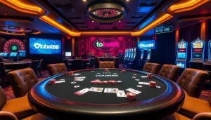 Experience thrilling gameplay at nhà cái tobet88 with premium poker chips and betting tables.