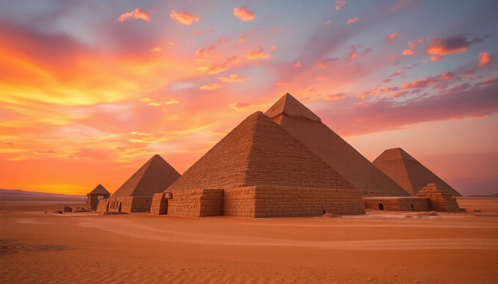 Explore the grandeur of the pyramids with intricate textures and stunning sunset lighting.