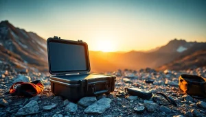 Featuring a durable hard case against a majestic mountain backdrop, emphasizing its sleek design.