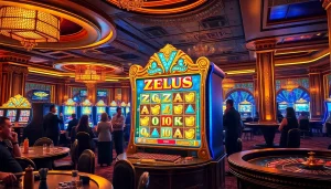 Experience the thrills of slot zeus in a vibrant casino scene with eager players and luxurious decor.