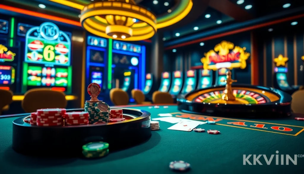 Engage with thrilling games at KKWIN.COM with a vibrant casino scene featuring cards and chips.
