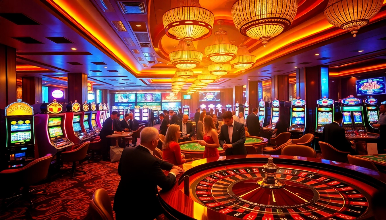 Experience the thrill of a luxurious casino with hidden wiki onion elements, featuring players at roulette and poker tables.