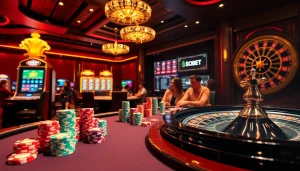 SBOBET poker players engaged in a thrilling game at an upscale casino table, surrounded by vibrant chips and cards.