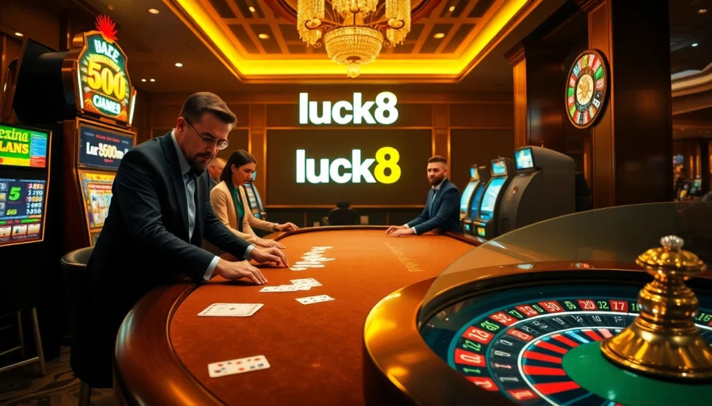 Engaged gamblers enjoying high-stakes action at luck8 casino tables with vibrant slot machines.