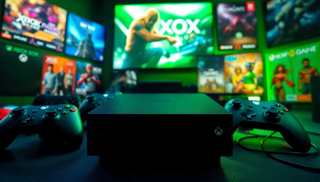 Gaming setup highlighting Xbox Game Pass new games November 2026 with console and colorful posters.