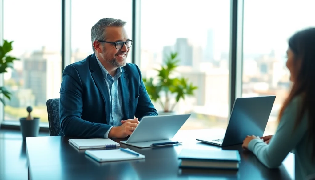 Engaging business coach near me guiding a client towards success in a bright office.
