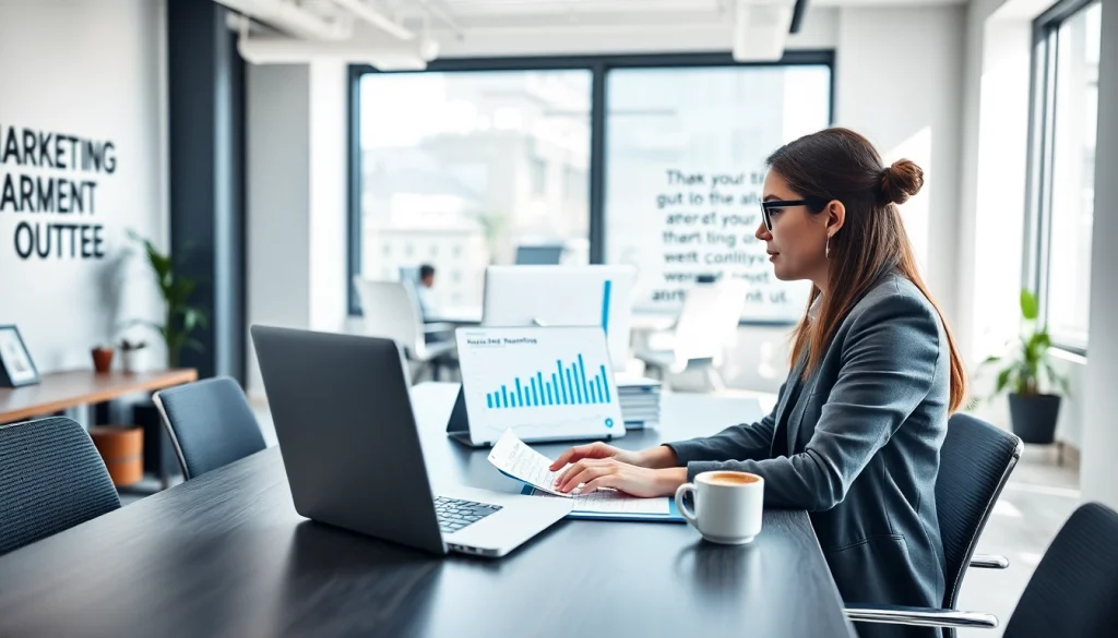 Marketing Consultant analyzing data and strategizing in a bright office environment.