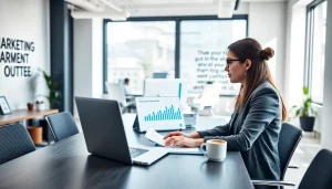 Marketing Consultant analyzing data and strategizing in a bright office environment.