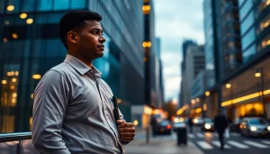 Security Services: A professional security guard overseeing a corporate building in a vibrant urban setting.